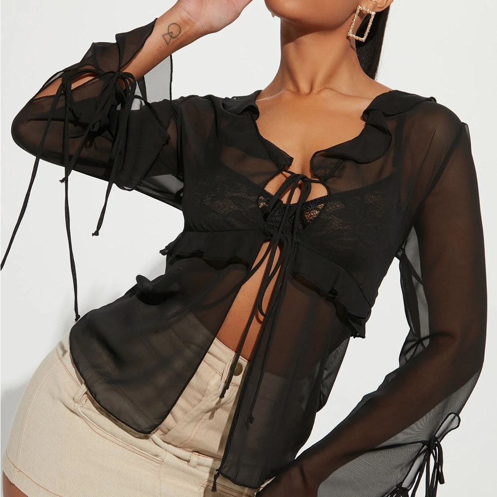 Fashion Nova Black Sheer Tie-Front Blouse